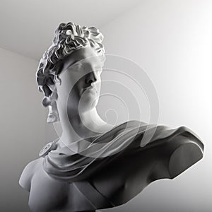 Male plaster statue head in studio over gray background