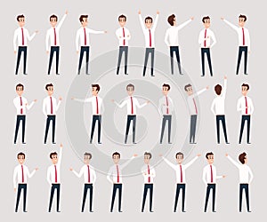 Male pointing. Businessman characters standing and offering consultative leader pointing vector persons