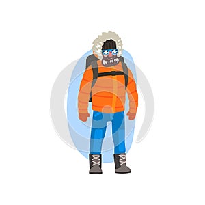 Male polar explorer in winter clothes, expedition to the Arctic vector Illustration on a white background