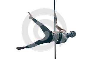 Male pole dancer with body-art on pylon