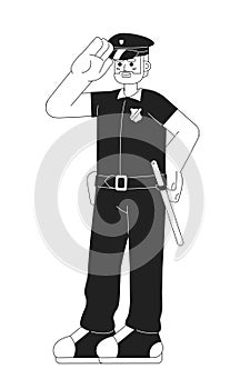 Male police officer smiling black and white cartoon flat illustration