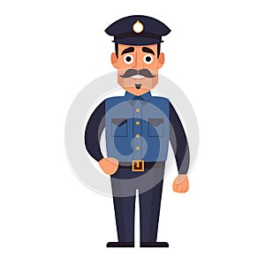Male police officer stands confidently, wearing uniform, mustache, hat badge. Cartoon style photo