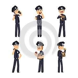 Male Police Officers in Uniform Eating Donuts and Drinking Coffee Vector Set