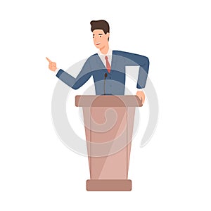 Male politician in suit standing at rostrum vector flat illustration. Positive political candidate gesticulate pointing