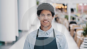 Male portrait smiling happy friendly African cafe pub worker biracial professional man waiter in apron uniform small