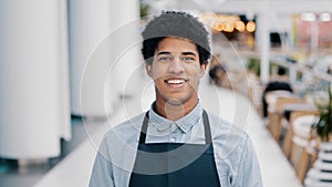 Male portrait smiling happy friendly African cafe pub worker biracial professional man waiter in apron uniform small