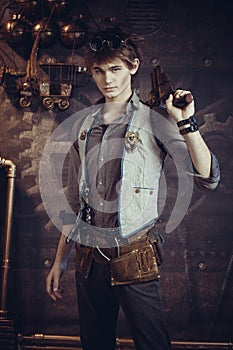 Male portrait in steampunk style on a dark background.