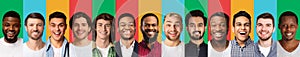 Male Portraits Collage Row Of Multiethnic Men's Faces, Colorful Backgrounds