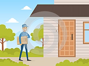 Male Postman Courier Delivering Parcel Box to Customer Door, Delivery Service Concept Vector Illustration