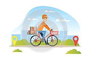 Male Postman or Courier Delivering Parcel Boxes to Customer by Bike, Delivery Service Concept Vector Illustration