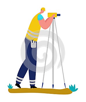 Male professional builder surveyor measuring instrument, man in protecting helmet flat vector illustration, isolated on