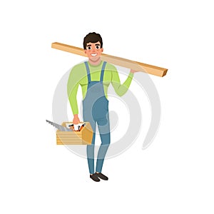 Male professional carpenter in uniform holding wooden plank and tool box vector Illustration on a white background