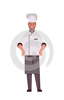 Male professional chef cook standing pose man restaurant kitchen worker in uniform cooking food concept flat full length photo