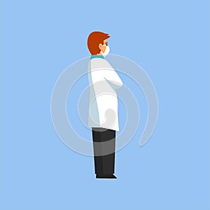 Male Professional Doctor Character Standing with Folded Hands, Worker of Medical Clinic or Hospital in White Lab Coat