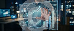 Close up of business hand pointing at advanced virtual data visualization dashboard with analytics and graphs.