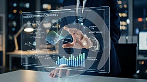 Close up of business hand pointing at advanced virtual data visualization dashboard with analytics and graphs.