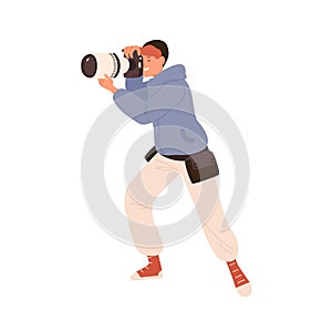 Male professional photographer taking photo holding camera vector flat illustration. Man photojournalist or reporter