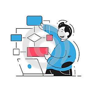 Male programmer analyzing scheme block program soft website development vector flat illustration