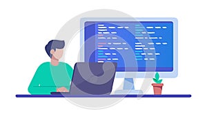 Male Programmer Coding on Laptop, Software Development, vector design Generative AI