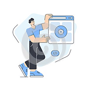 Male programmer internet browsing software development service vector flat illustration