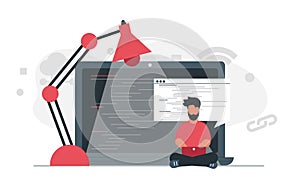 A male programmer is typing a code on his laptop. Professional people office work typing code at the computer vector illustration