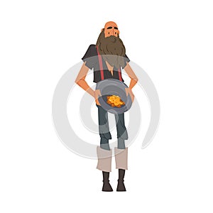 Male Prospector, Bearded Gold Miner Character Wearing Vintage Clothes Holding Golden Sand and Prills in His Hat Cartoon