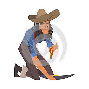 Male Prospector, Bearded Gold Miner Character Wearing Vintage Clothes Panning Golden Sand and Pills Cartoon Style Vector