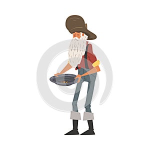 Male Prospector Holding Pan with Golden Sand and Pills, Mature Bearded Gold Miner Wild West Character Wearing Vintage