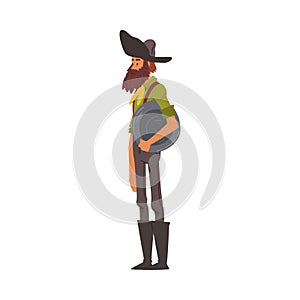 Male Prospector with Pan, Mature Bearded Gold Miner Character Wearing Vintage Clothes Cartoon Style Vector Illustration
