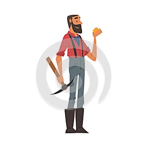 Male Prospector with Pickaxe, Bearded Gold Miner Wild West Character Wearing Vintage Clothes Cartoon Style Vector
