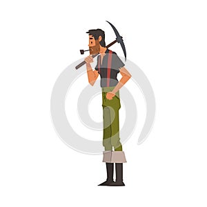 Male Prospector with Pickaxe, Bearded Gold Miner Wild West Character Wearing Vintage Clothes Smoking Pipe Cartoon Style