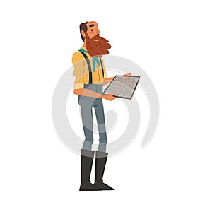 Male Prospector with Sieve for Sifting Golden Sand and Prills, Bearded Gold Miner Wild West Character Wearing Vintage