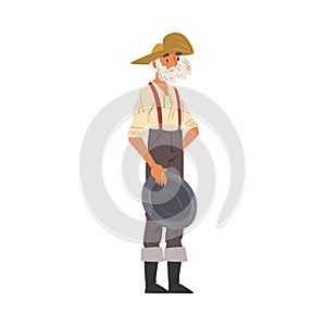 Male Prospector Standing with Pan, Mature Bearded Gold Miner Wild West Character Wearing Vintage Clothes Cartoon Style