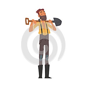 Male Prospector Standing with Shovel, Bearded Gold Miner Wild West Character Wearing Vintage Clothes Cartoon Style