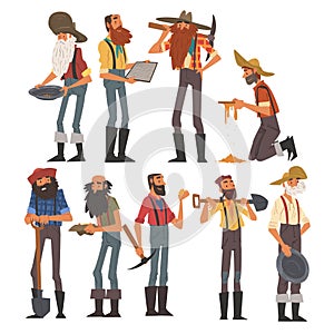 Male Prospectors Characters Set, Bearded Gold Miners Characters Wearing Vintage Clothes with Tools for Gold Nuggets