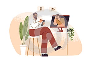 Male psychologist consulting female patient online vector flat illustration. Psychoanalyst sitting in front of computer
