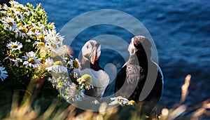 Male Puffin standing next to flower bushes in front of female puffin, as if he buys flowers for her. Idea for wedding proposal