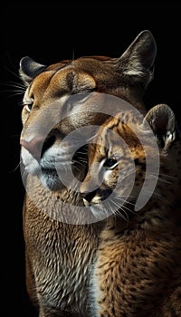 Male puma and cub portrait with ample text space on the left for versatile customization