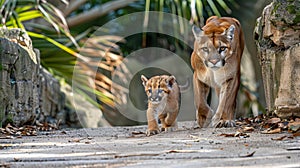 Male puma and cub portrait with space on left for text, ideal for search results