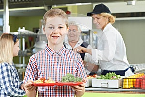 Male Pupil With Healthy Lunch In School Canteen