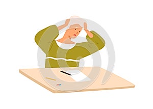 Male pupil panic at exam sitting on desk vector flat illustration. Teenage boy having stress dont know answers to test
