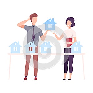 Male Real Estate Agent Offering House for Sale or Rent to Young Man Vector Illustration