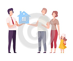 Male Real Estate Agent Offering House for Sale to Family Couple with Daughter, People Buying, Selling or Renting House
