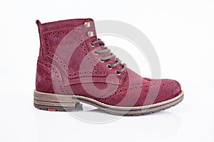 Male red leather boot on white background.