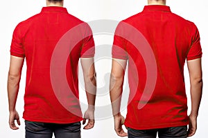 Male red t-shirt template front and back view isolated on white background, Male model wearing a simple red polo shirt on a white