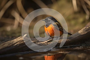 male redstart bird hunting for food in marshy area