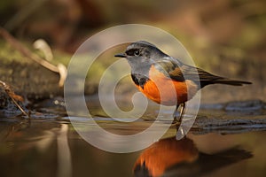 male redstart bird hunting for food in marshy area