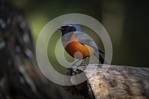 male redstart bird perched on tree trunk, with its colorful plumage prominently displayed