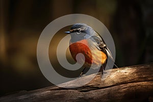 male redstart bird perched on tree trunk, with its colorful plumage prominently displayed