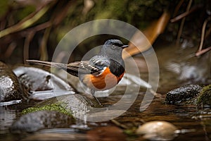 male redstart bird in woodland stream, with its head tipped back and wings outspread